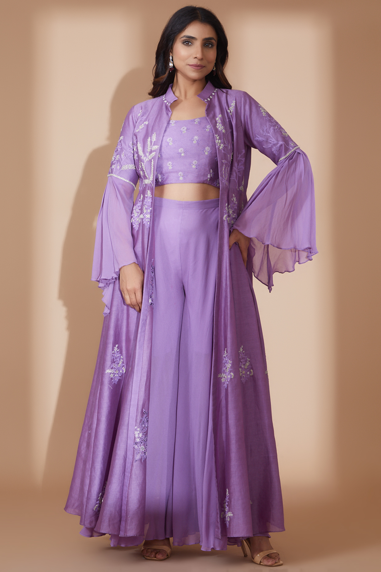 Lavender Viscose Georgette Embroidered Jacket Set by 1999AD By Amita & Deepak at Pernia's Pop Up Shop