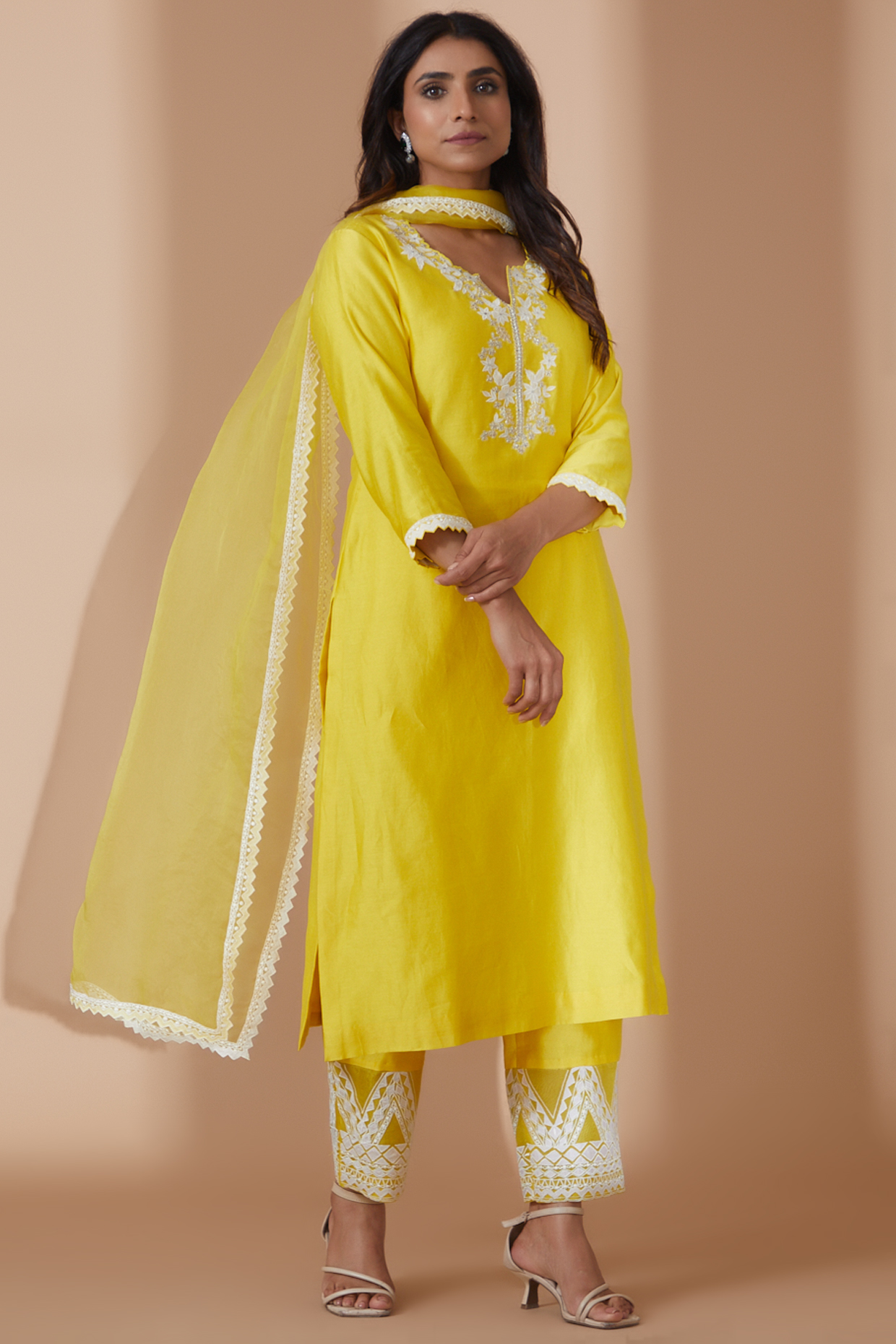 Yellow Woven Chanderi Embroidered Kurta Set by 1999AD By Amita & Deepak at Pernia's Pop Up Shop