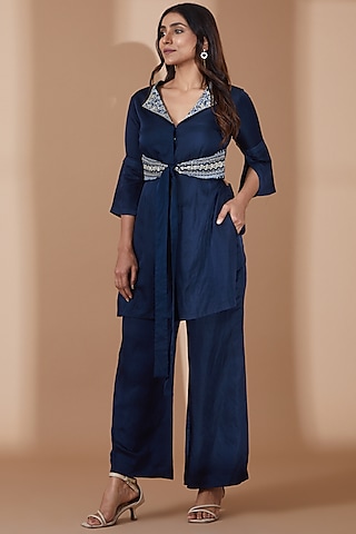Cobalt Blue Viscose Georgette Embroidered Jacket Set by 1999AD By Amita & Deepak