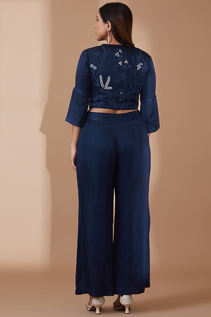 Cobalt Blue Viscose Georgette Embroidered Jacket Set by 1999AD By Amita & Deepak at Pernia's Pop Up Shop