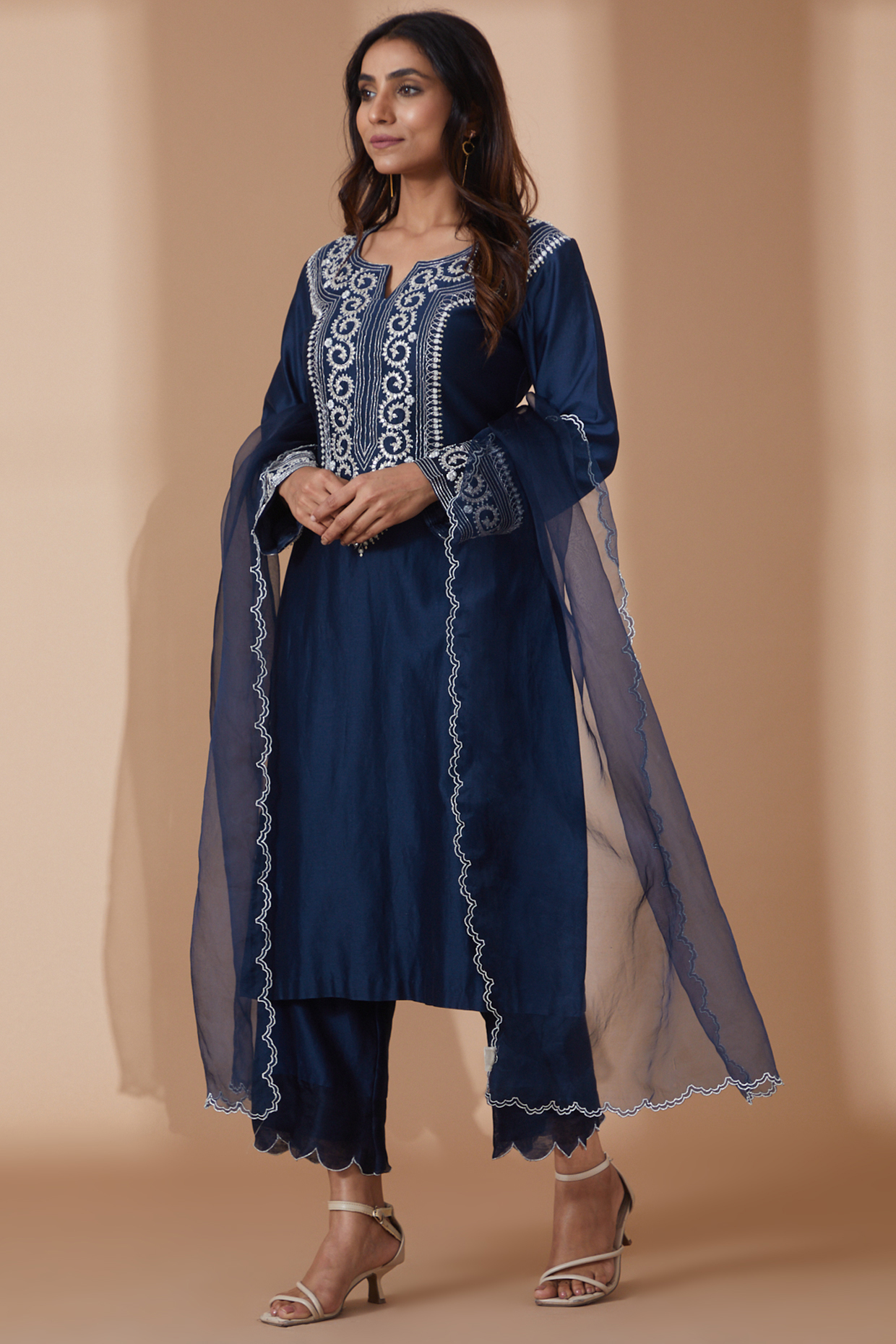 Cobalt Blue Woven Chanderi Embroidered Kurta Set by 1999AD By Amita & Deepak at Pernia's Pop Up Shop
