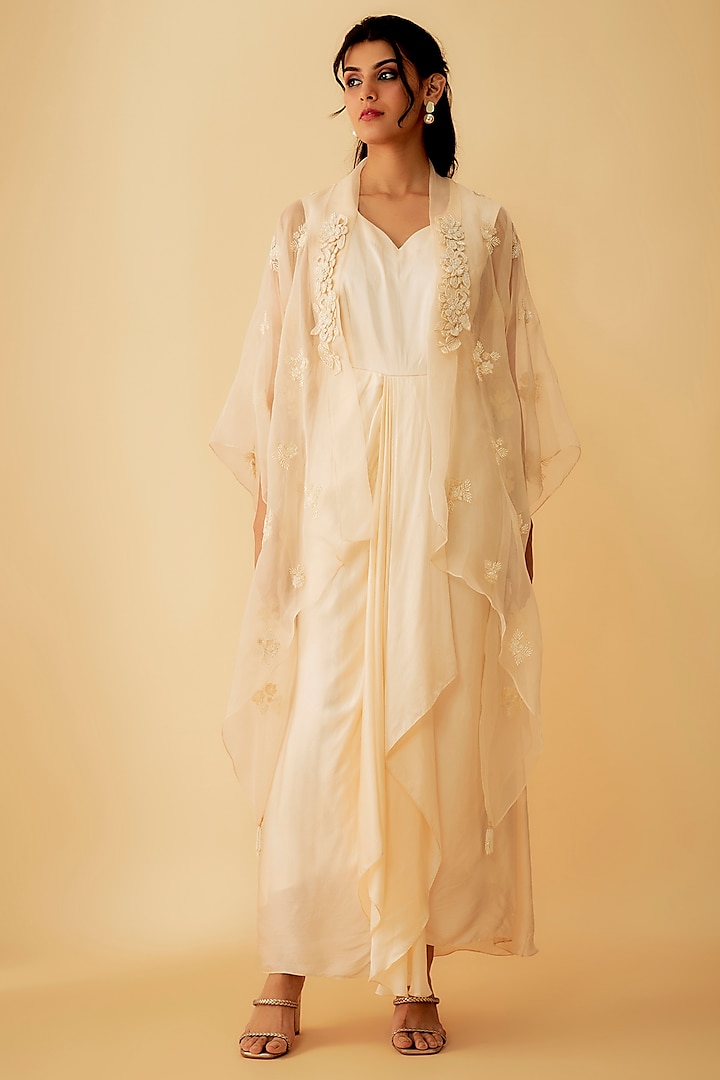 Blush Pink Organza Draped Gown With Jacket by 1999AD By Amita & Deepak at Pernia's Pop Up Shop