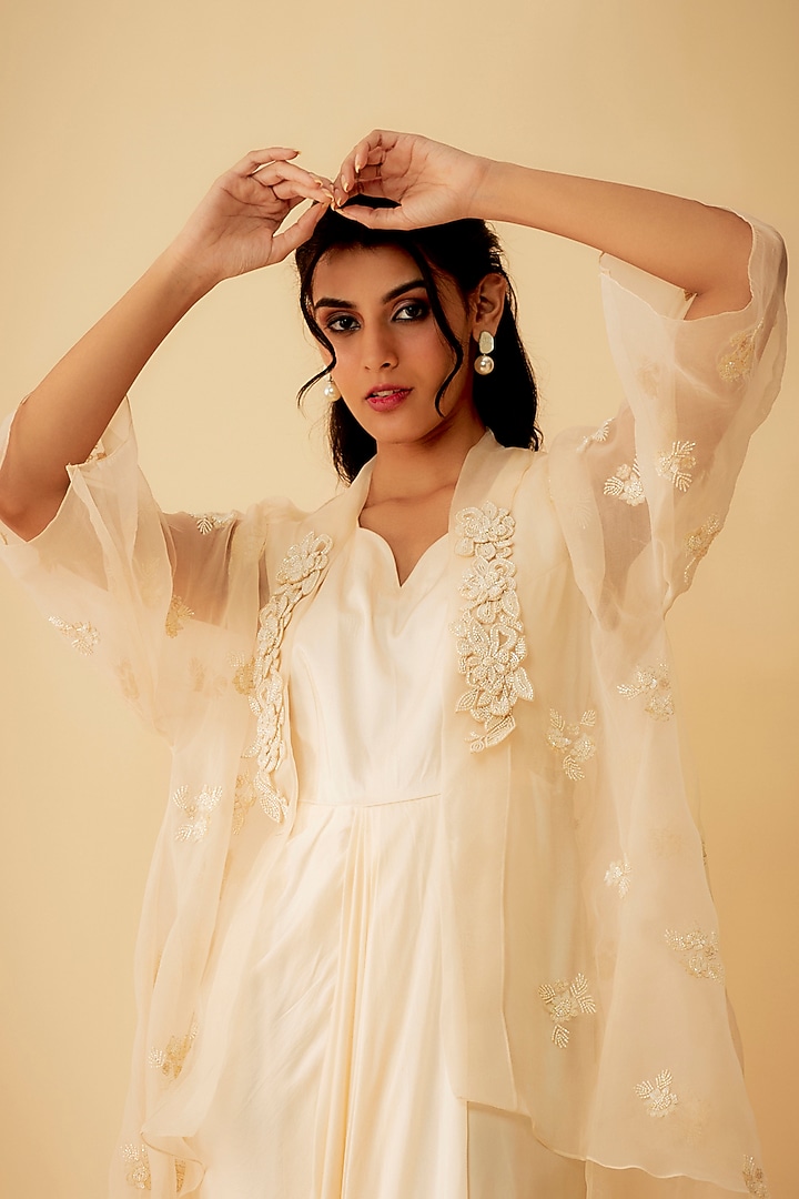 Blush Pink Organza Draped Party Wear Gown With Jacket by 1999AD By Amita & Deepak at Pernia's Pop Up Shop