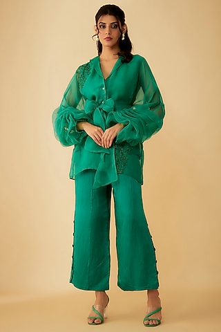 Green Organza Cutdana Embroidered Co-Ord Set by 1999AD By Amita & Deepak