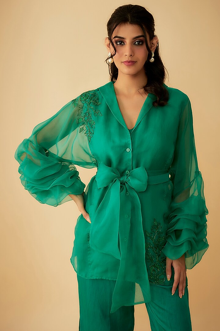Green Organza Cutdana Embroidered Co-Ord Set by 1999AD By Amita & Deepak at Pernia's Pop Up Shop
