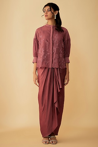 Sand Rose Organza Draped Skirt Set by 1999AD By Amita & Deepak