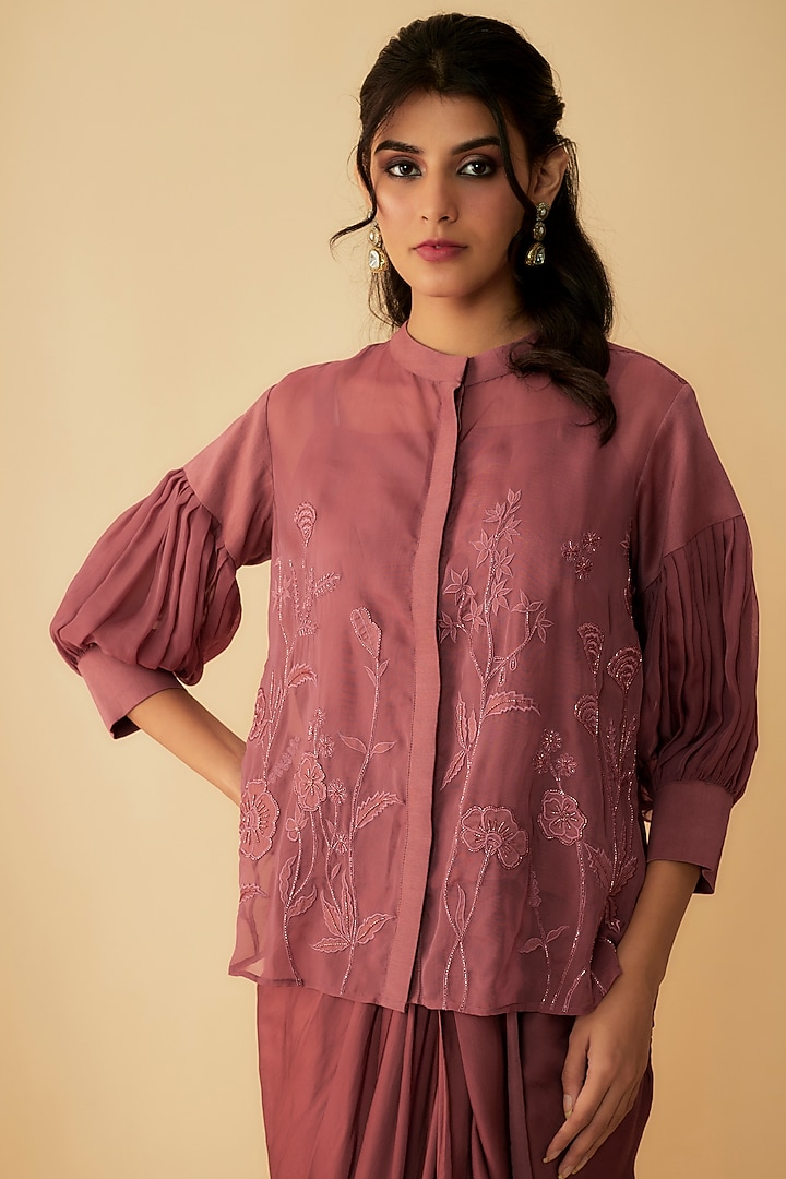 Sand Rose Organza Draped Skirt Set by 1999AD By Amita & Deepak at Pernia's Pop Up Shop