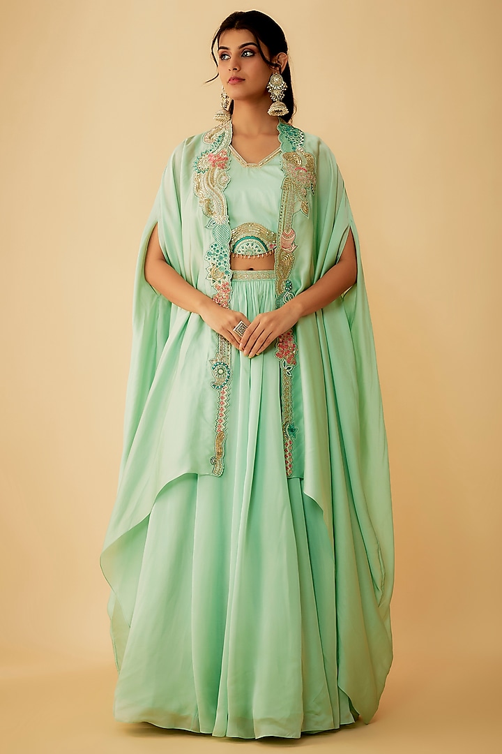 Green Organza Embroidered Jacket Wedding Lehenga Set by 1999AD By Amita & Deepak at Pernia's Pop Up Shop