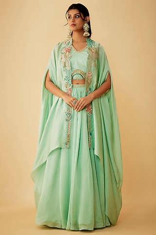 Green Organza Embroidered Jacket Lehenga Set by 1999AD By Amita & Deepak