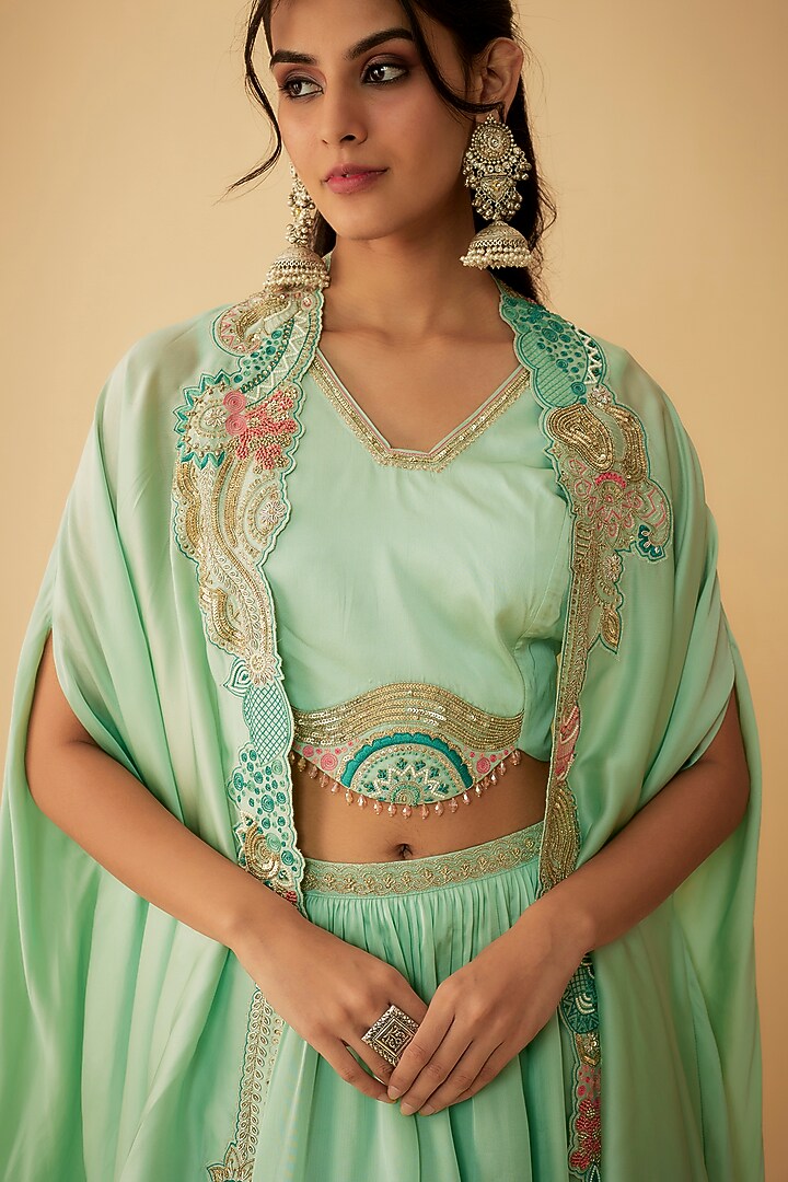 Green Organza Embroidered Jacket Wedding Lehenga Set by 1999AD By Amita & Deepak at Pernia's Pop Up Shop