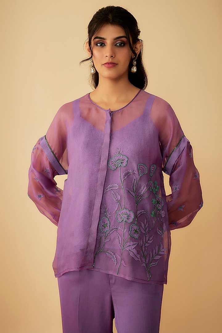 Lavender Organza Cutdana Embroidered Co-Ord Set by 1999AD By Amita & Deepak at Pernia's Pop Up Shop