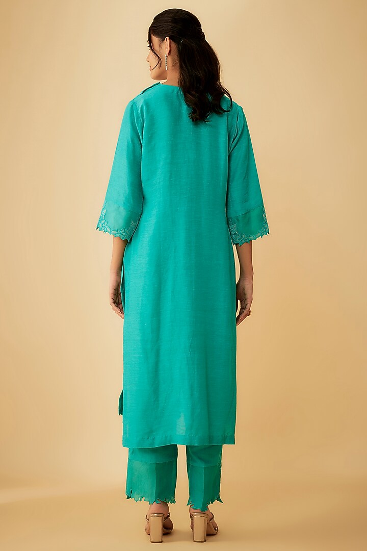 Green Linen Silk Applique Embroidered Kurta Set by 1999AD By Amita & Deepak at Pernia's Pop Up Shop