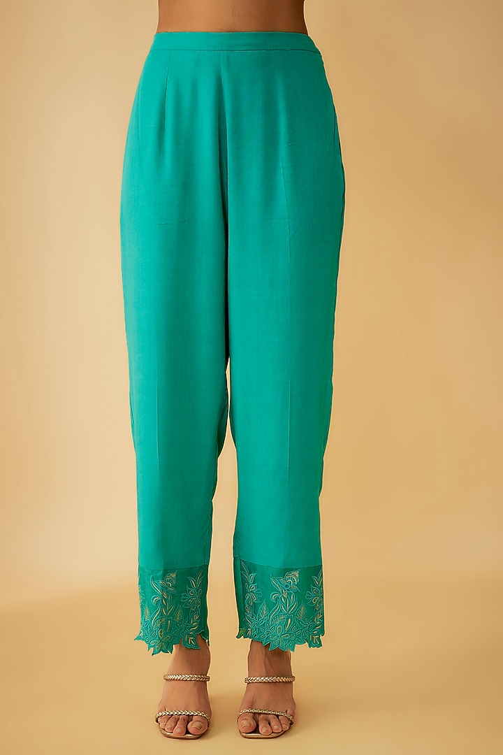 Green Linen Silk Applique Embroidered Kurta Set by 1999AD By Amita & Deepak at Pernia's Pop Up Shop