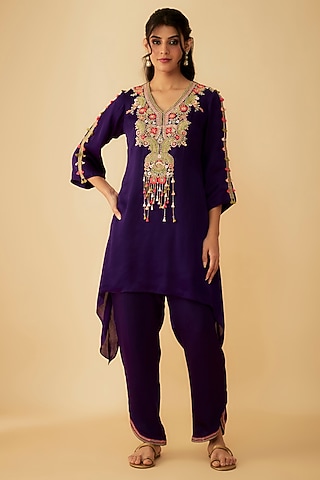 Purple Satin Organza Thread Embroidered Asymmetrical Kurta Set by 1999AD By Amita & Deepak