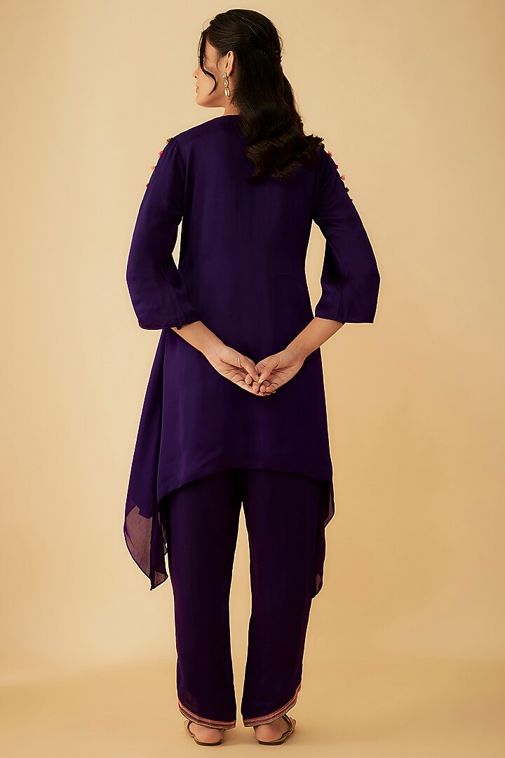 Purple Satin Organza Thread Embroidered Asymmetrical Kurta Set by 1999AD By Amita & Deepak at Pernia's Pop Up Shop