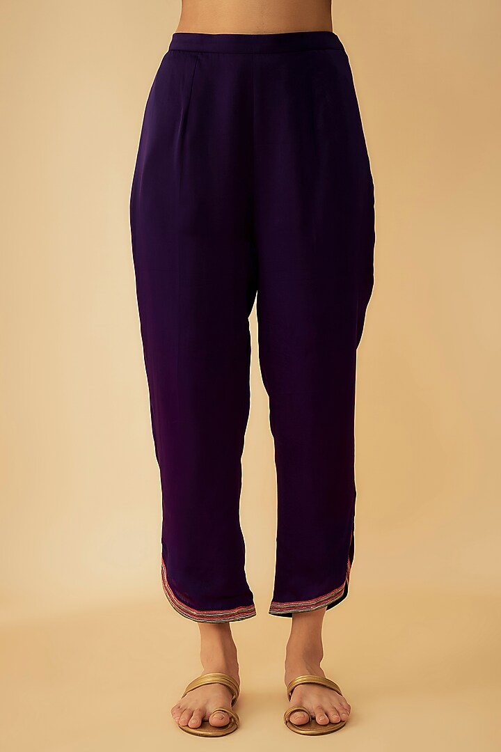 Purple Satin Organza Thread Embroidered Asymmetrical Kurta Set by 1999AD By Amita & Deepak at Pernia's Pop Up Shop