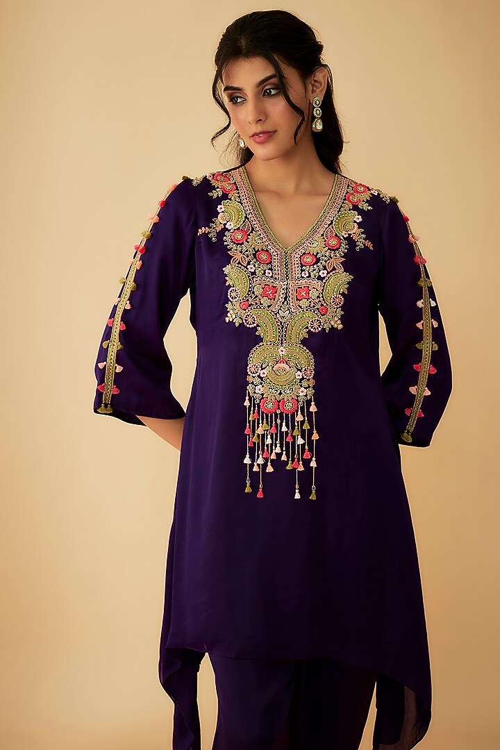 Purple Satin Organza Thread Embroidered Asymmetrical Kurta Set by 1999AD By Amita & Deepak at Pernia's Pop Up Shop