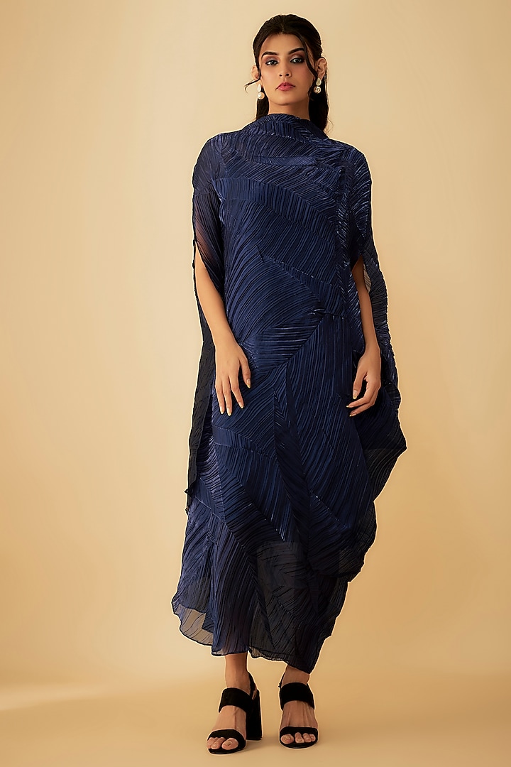 Blue Tissue Crush Draped Dress by 1999AD By Amita & Deepak at Pernia's Pop Up Shop