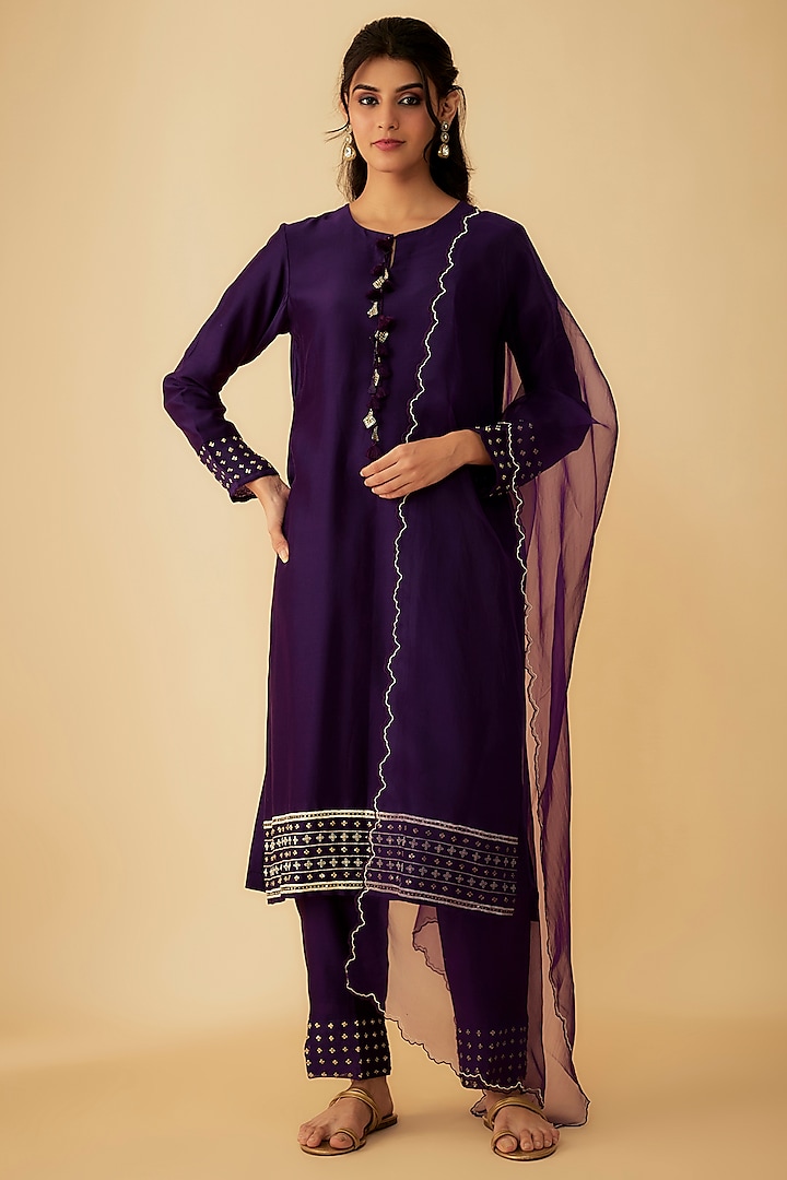 Purple Chanderi Tassels Embroidered Kurta Set by 1999AD By Amita & Deepak at Pernia's Pop Up Shop