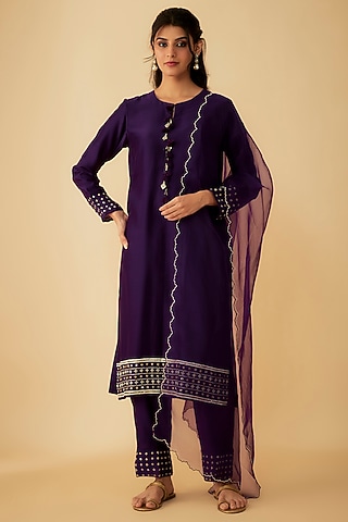 Purple Chanderi Tassels Embroidered Kurta Set by 1999AD By Amita & Deepak