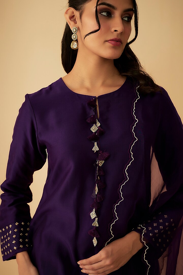 Purple Chanderi Tassels Embroidered Kurta Set by 1999AD By Amita & Deepak at Pernia's Pop Up Shop