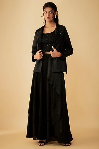 Black Satin Draped Skirt Set by 1999AD By Amita & Deepak