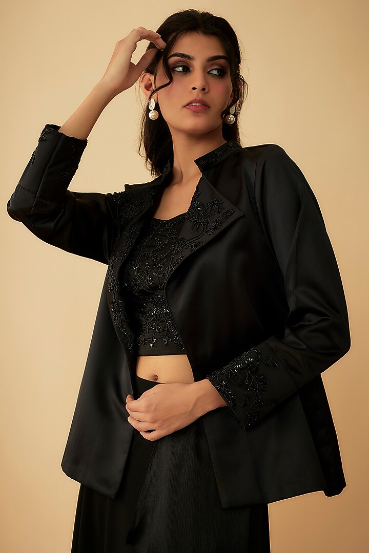 Black Satin Draped Skirt Set by 1999AD By Amita & Deepak at Pernia's Pop Up Shop