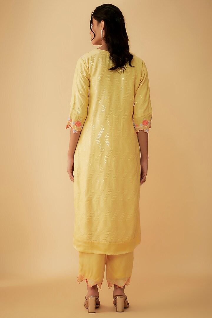 Yellow Matka Silk Embroidered Kurta Set by 1999AD By Amita & Deepak at Pernia's Pop Up Shop
