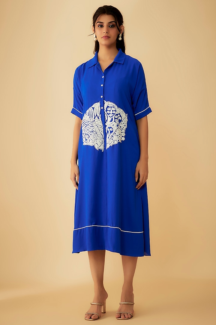 Royal Blue Georgette Applique Embroidered Dress by 1999AD By Amita & Deepak at Pernia's Pop Up Shop