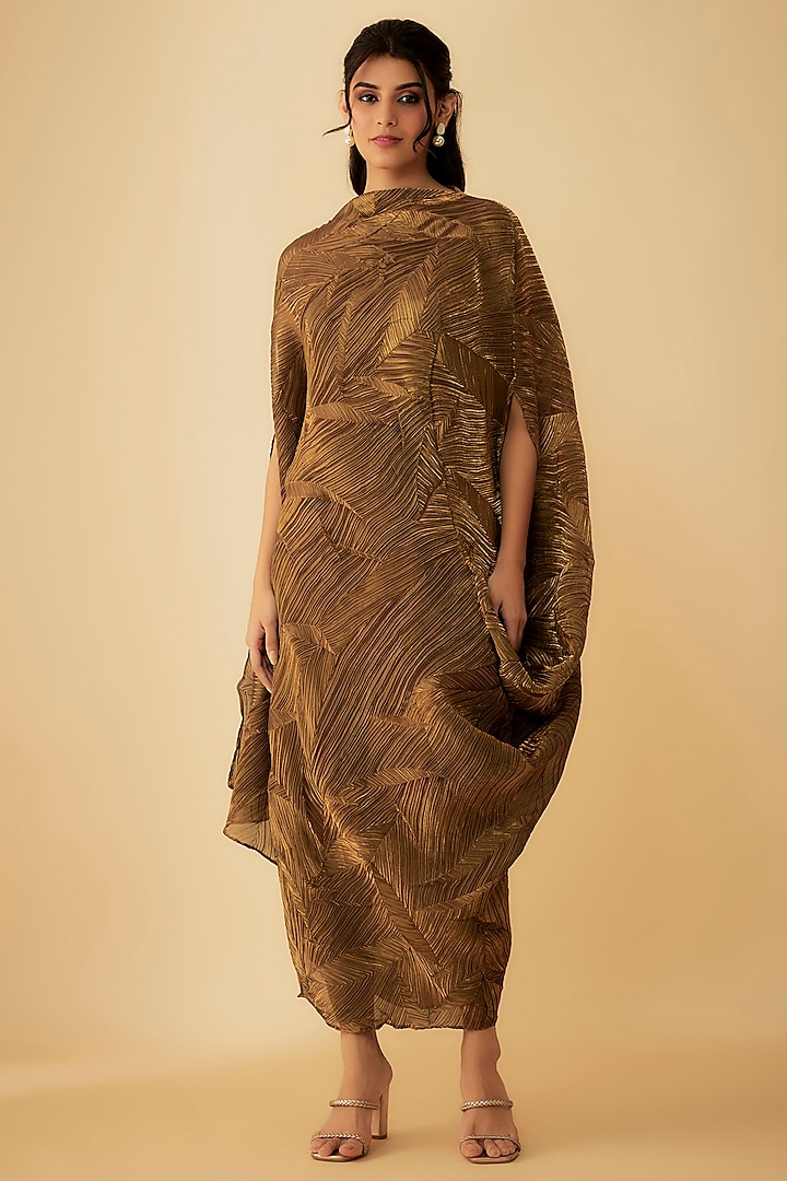 Golden Tissue Crush Draped Dress by 1999AD By Amita & Deepak at Pernia's Pop Up Shop