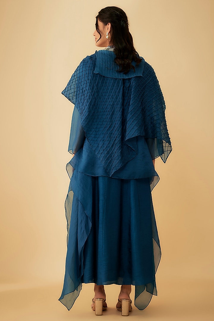 Navy Blue Organza Cape Party Wear Gown by 1999AD By Amita & Deepak at Pernia's Pop Up Shop