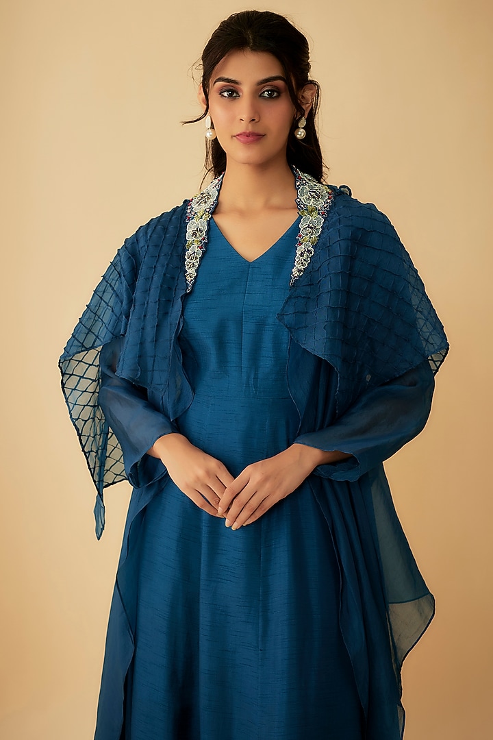 Navy Blue Organza Cape Party Wear Gown by 1999AD By Amita & Deepak at Pernia's Pop Up Shop