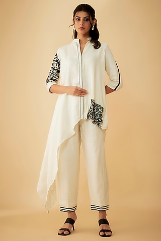 White Linen Embroidered Co-Ord Set by 1999AD By Amita & Deepak