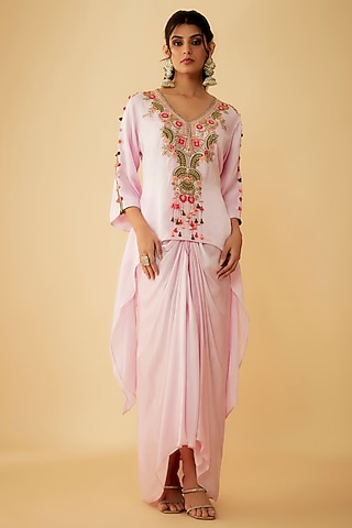 Onion Pink Organza Thread Embroidered Kurta Set by 1999AD By Amita & Deepak