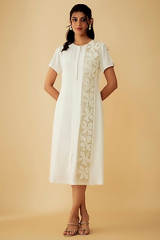 Off-White Satin Applique Embroidered Dress by 1999AD By Amita & Deepak