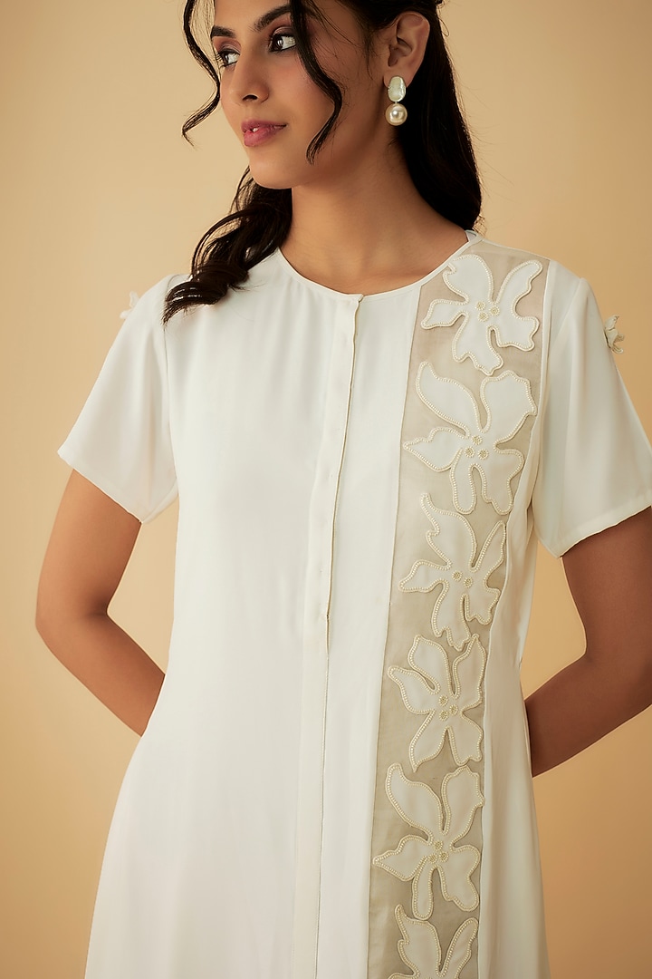 Off-White Satin Applique Embroidered Summer Dress by 1999AD By Amita & Deepak at Pernia's Pop Up Shop
