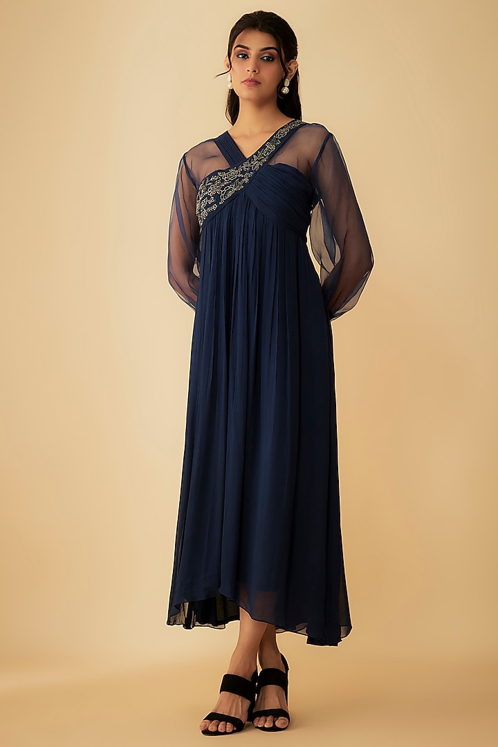 Navy Blue Georgette Embroidered Gown by 1999AD By Amita & Deepak at Pernia's Pop Up Shop