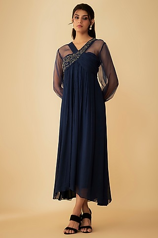 Navy Blue Georgette Embroidered Gown by 1999AD By Amita & Deepak