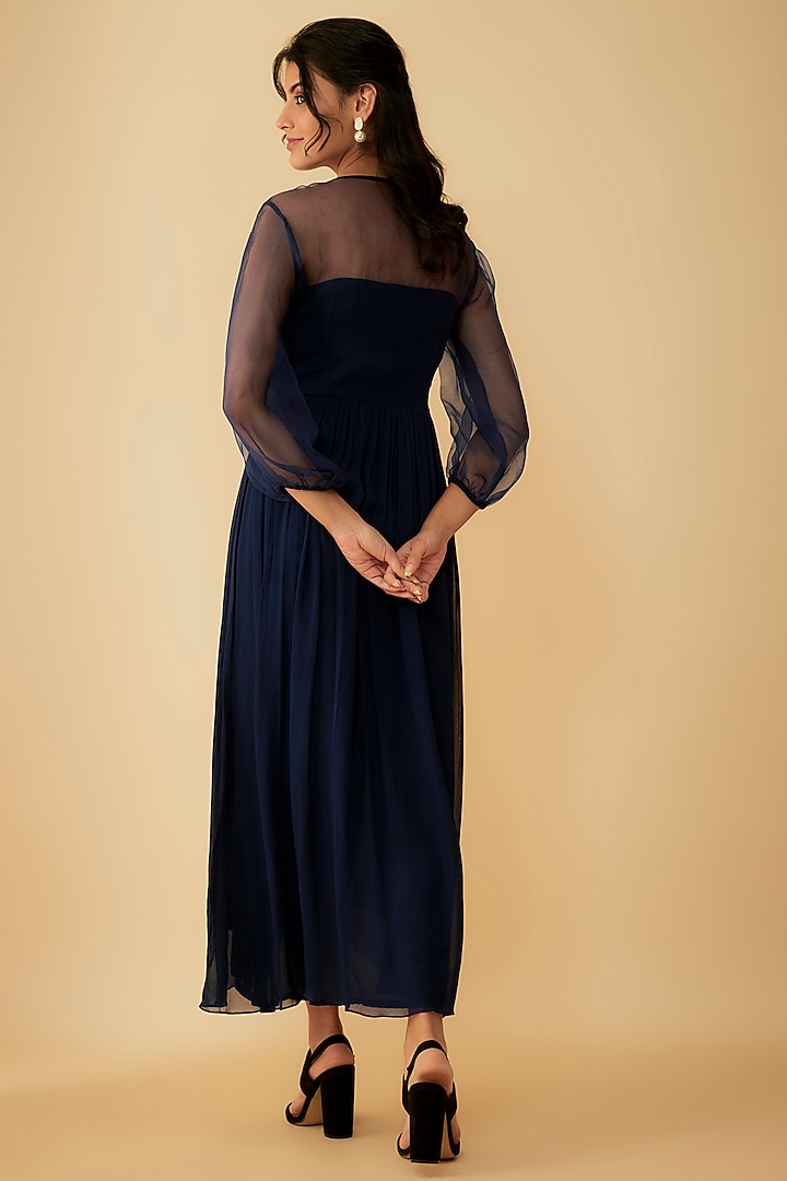 Navy Blue Georgette Embroidered Gown by 1999AD By Amita & Deepak at Pernia's Pop Up Shop