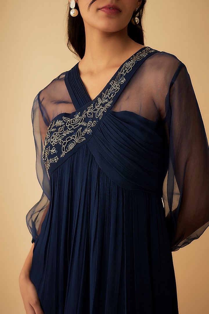 Navy Blue Georgette Embroidered Gown by 1999AD By Amita & Deepak at Pernia's Pop Up Shop
