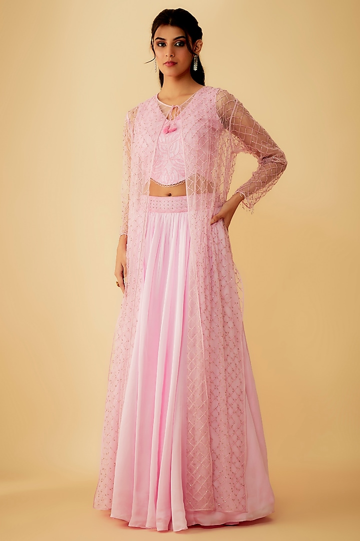 Onion Pink Satin Organza Cutdana Embellished Jacket Wedding Lehenga Set by 1999AD By Amita & Deepak at Pernia's Pop Up Shop