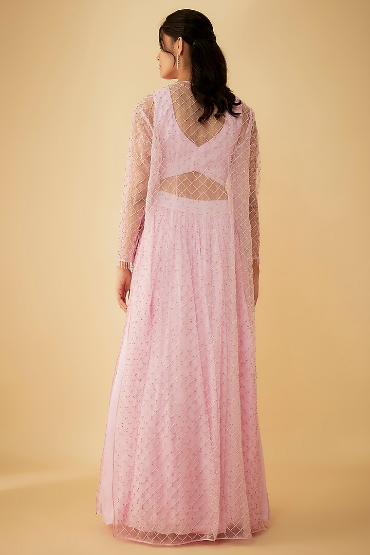 Onion Pink Satin Organza Cutdana Embellished Jacket Wedding Lehenga Set by 1999AD By Amita & Deepak at Pernia's Pop Up Shop