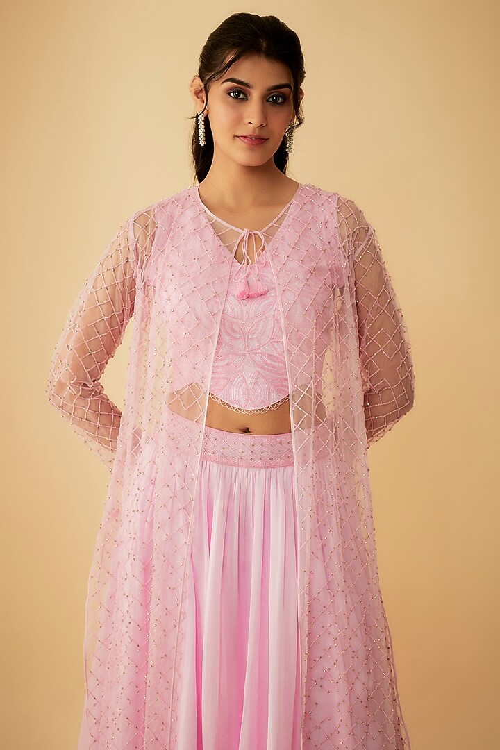Onion Pink Satin Organza Cutdana Embellished Jacket Wedding Lehenga Set by 1999AD By Amita & Deepak at Pernia's Pop Up Shop