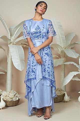 Blue Organza Jacket Set by 1999AD By Amita & Deepak