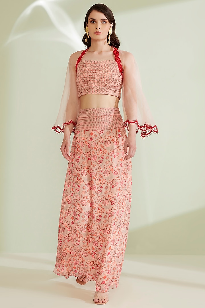 Peach Floral Printed Skirt Set by 1999AD By Amita & Deepak