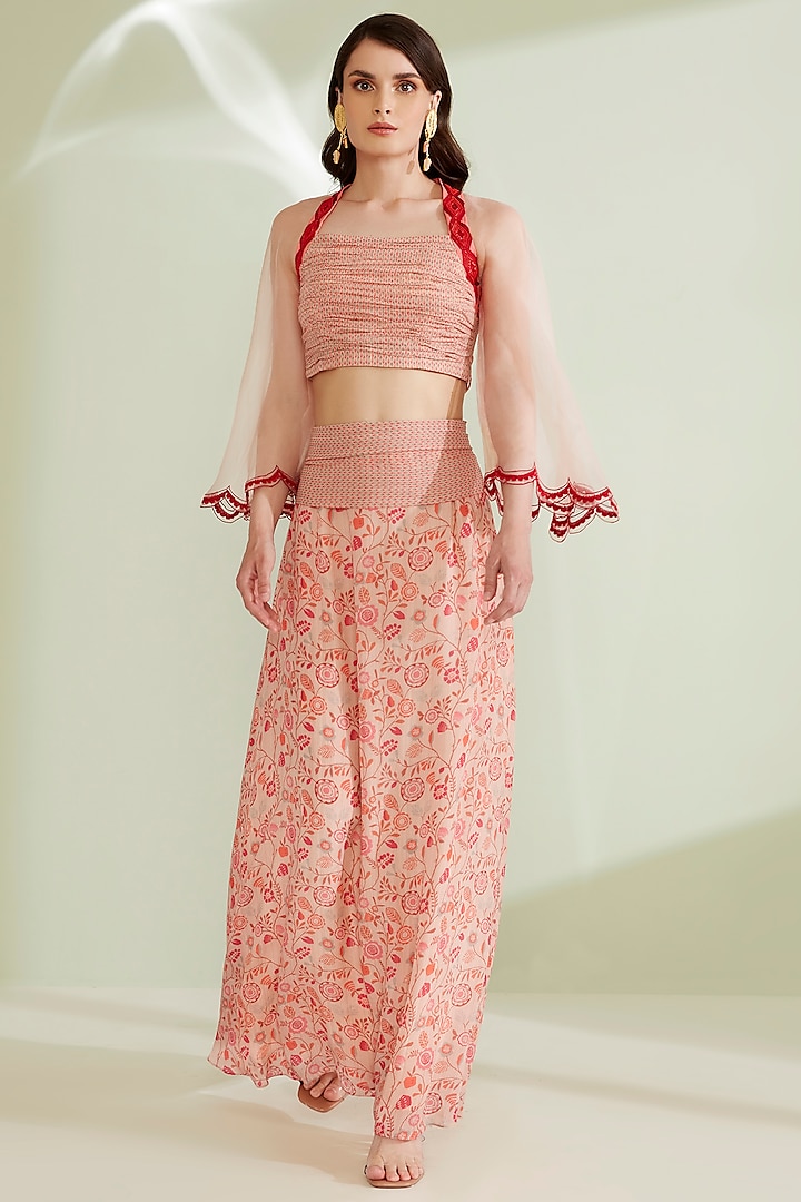 Peach Floral Printed Skirt Set by 1999AD By Amita & Deepak at Pernia's Pop Up Shop