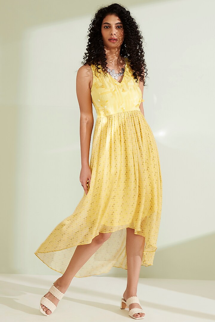 Yellow Printed & Embellished Dress by 1999AD By Amita & Deepak