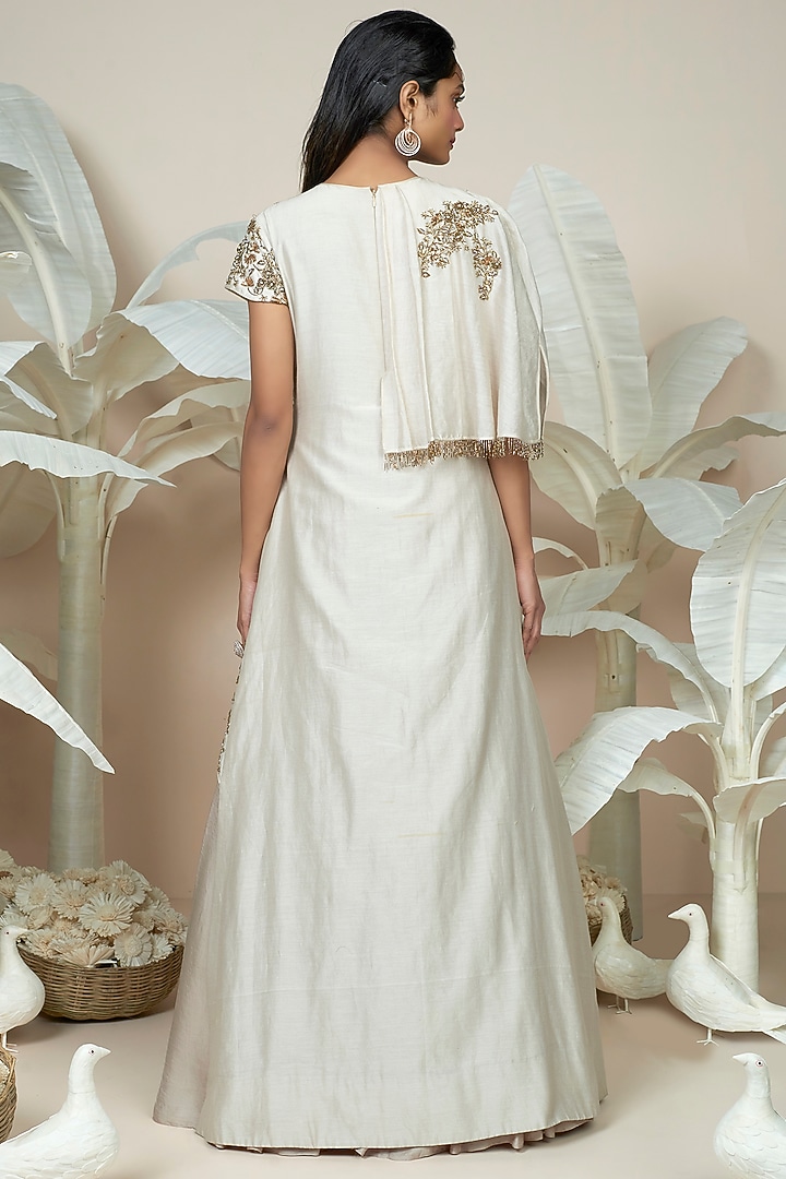 Beige Chanderi Engagement Gown by 1999AD By Amita & Deepak at Pernia's Pop Up Shop