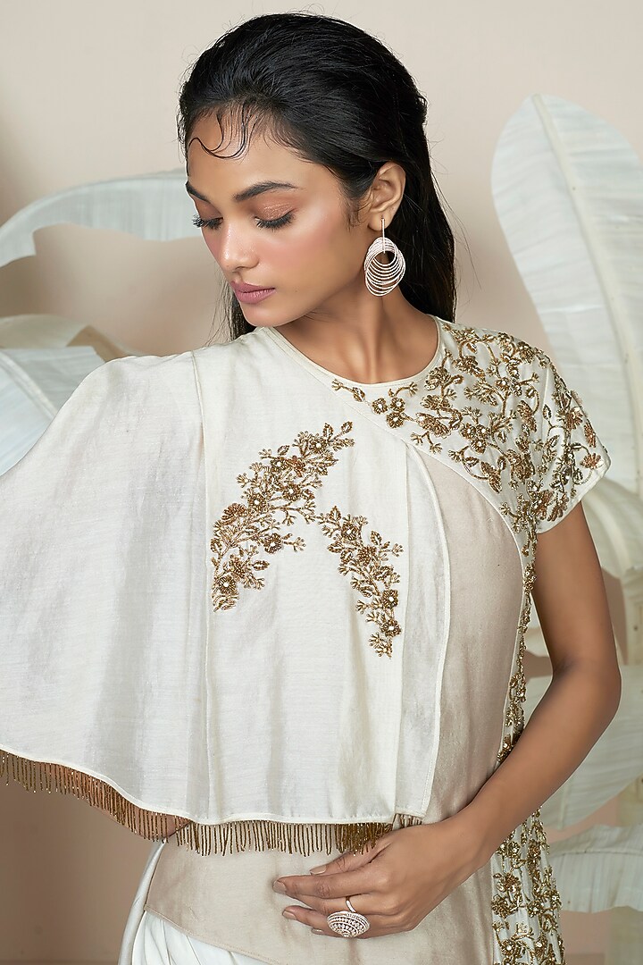 Beige Chanderi Engagement Gown by 1999AD By Amita & Deepak at Pernia's Pop Up Shop