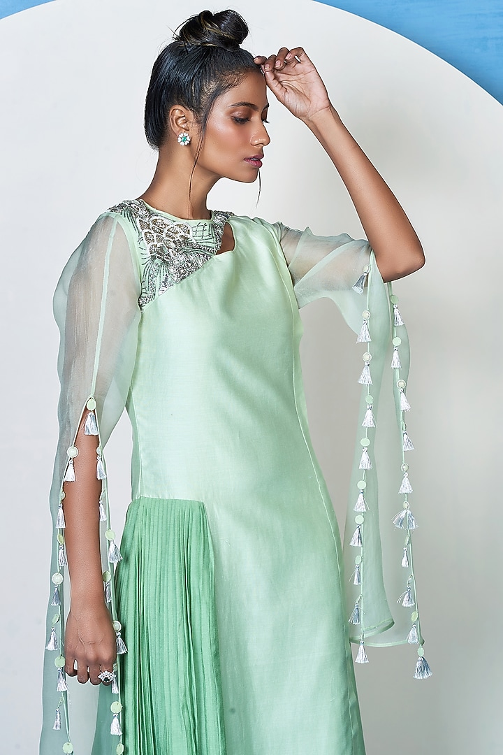 Mint Green Embroidered Tunic by 1999AD By Amita & Deepak at Pernia's Pop Up Shop